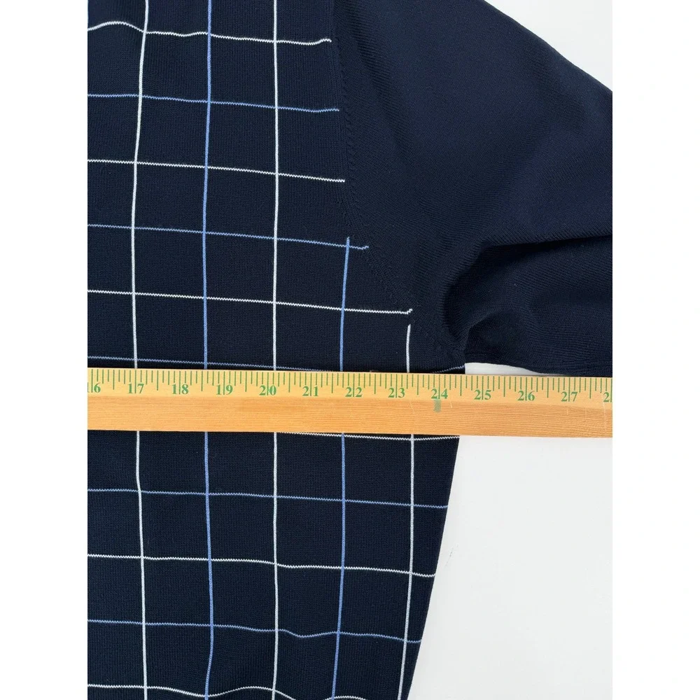 Brooks Brothers Mens XL Silk Cotton V-Neck Sweater Navy Blue Windowpane Check